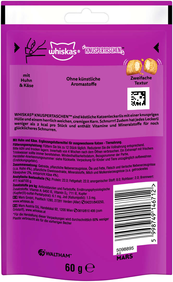 whiskas Katzenleckerli Knuspertaschen mit Huhn + Käse